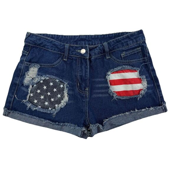Patriotic Flag Distressed Jean Shorts USA Star Stripe Women’s Size Medium Denim - Picture 1 of 6